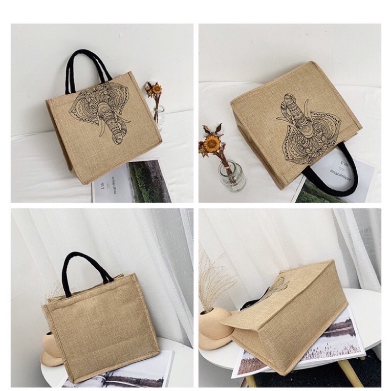 Túi cói vintage đi biển xách tay nữ size lớn vải bố lanh cao cấp Hàn Quốc