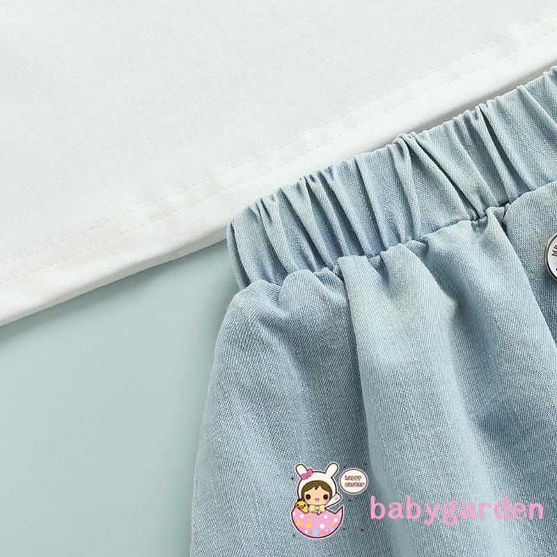 Bộ áo thun tay ngắn in hoạt hình + Chân váy jean phối lưới thời trang mùa hè cho bé gái 2-7 tuổi