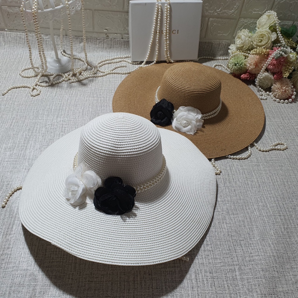 Mũ Cói thời trang đi biển Vành Rộng sang chảnh gắn hoa xinh