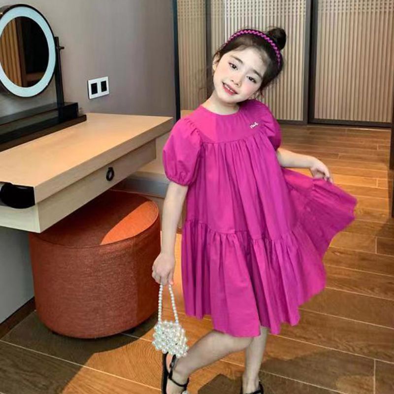Đầm Cotton Tay Phồng Dáng Rộng Màu Trơn Đơn Giản Cho Bé Gái Màu Sắc