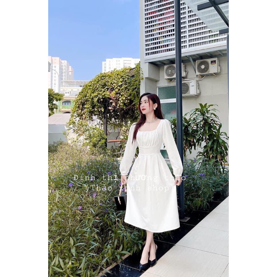[RẺ VÔ ĐỊCH] Váy Tiểu Thư Vintage - Váy Cổ Vuông Tay Phồng Nhún Ngực Hot Hit