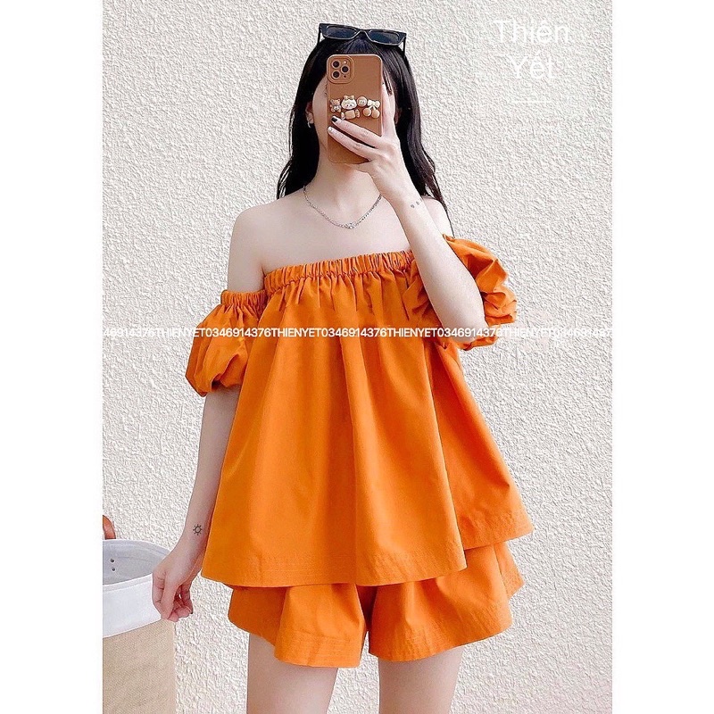 Sét bộ áo trễ vai tay bồng kèm quần sooc đùi 3 màu hồng cam đen siêu xinh chất kate xịn chuẩn ảnh