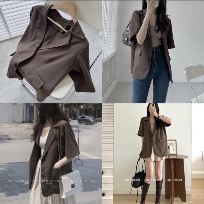 Áo blazer/ áo vest/ áo khoác cộc tay chất mát màu nâu Maina