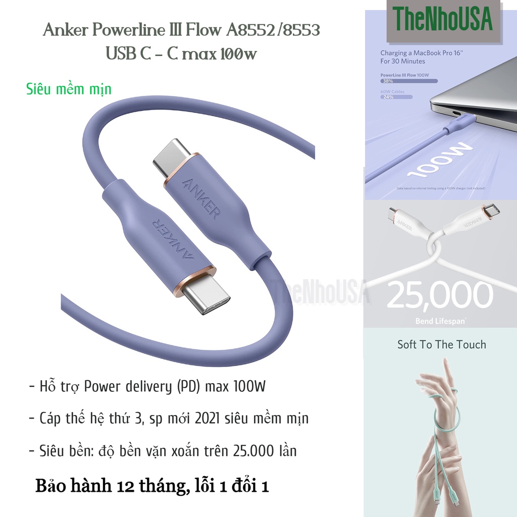 Cáp sạc nhanh Anker PowerLine III Flow USB C - C (A8552/8553) - [BH12T]