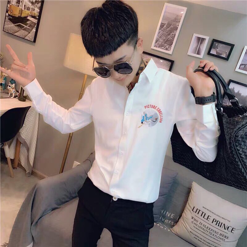 Áo Sơ Mi Nam Thêu Chữ - Áo Sơ Mi Lụa Trơn Cao Cấp Đen Trắng | BigBuy360 - bigbuy360.vn