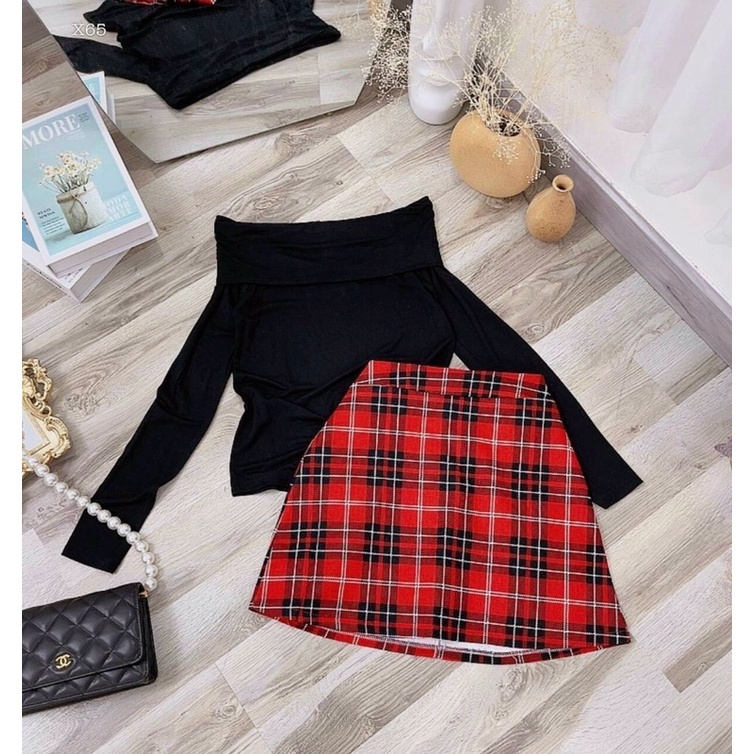 Hàng TK - Set áo bẹt vai đen tay dài phối chân váy ngắn caro đỏ - bộ áo váy rời đi chơi đi dạo dự tiệc - hình sàn thật