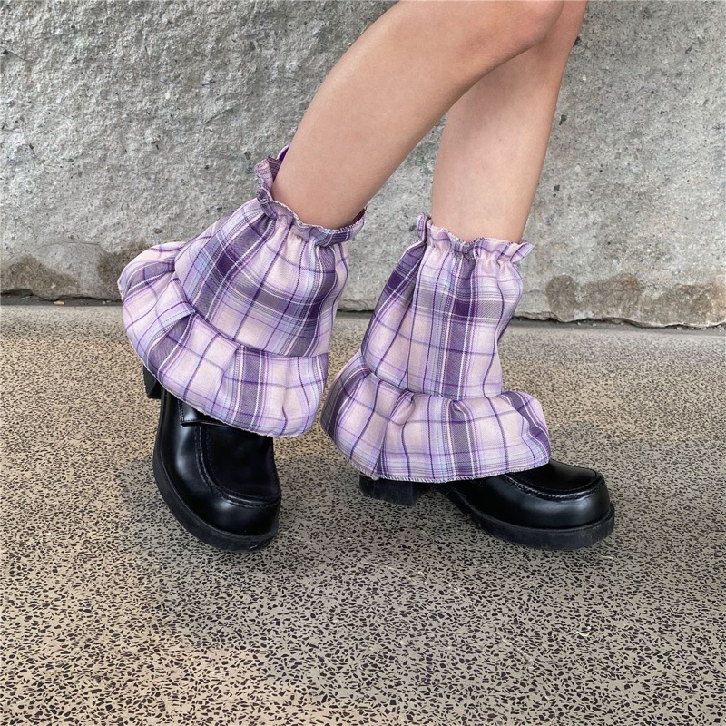 Xixi Vớ Ống Ngắn Phối Bèo Họa Tiết Sọc Caro Phong Cách Gothic Harajuku Cổ Điển