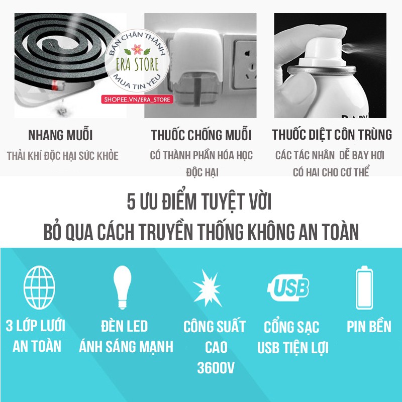 [HỮU ÍCH] Vợt bắt muỗi tích điện 3600v tích hợp đèn LED độ sáng rộng 3m2 3 lớp lưới an tòan pin bền bắt muỗi hiệu quả