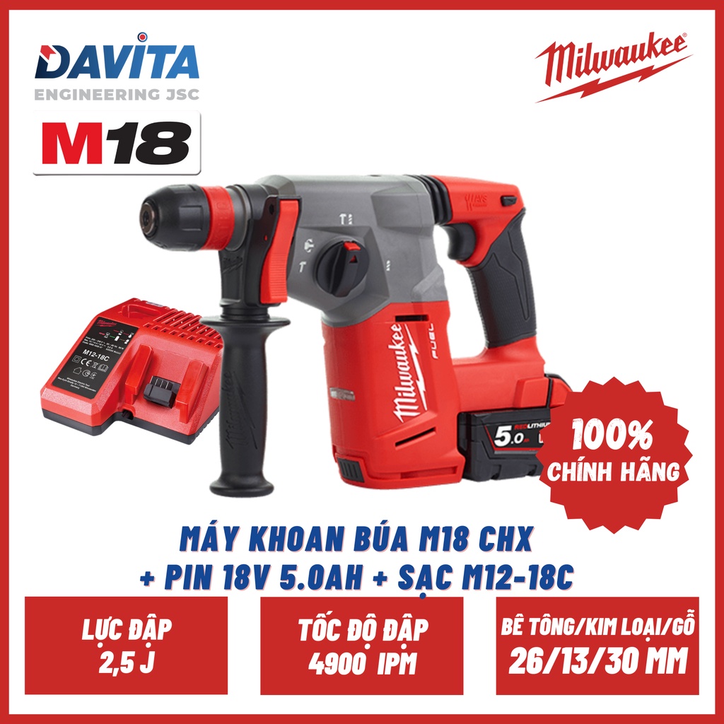 Máy khoan búa M18 CHX + Pin 18V 5.0Ah + Sạc M12-18C