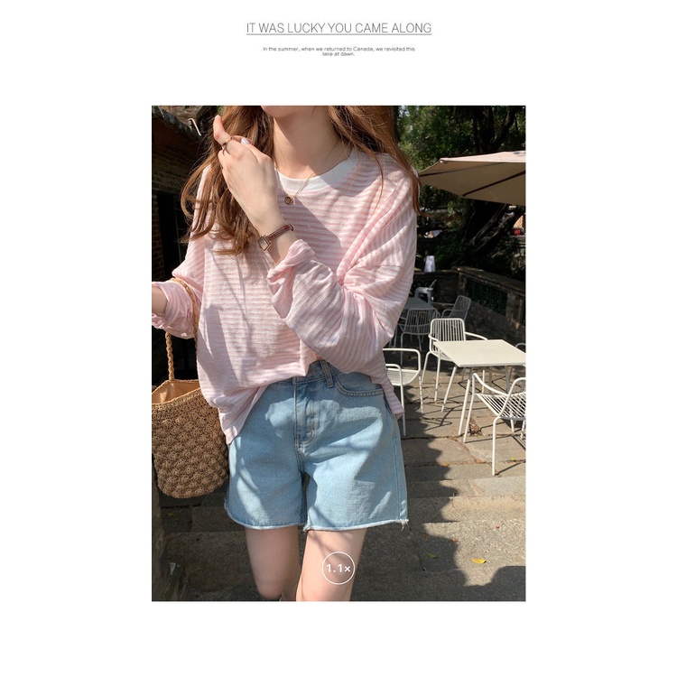 Áo Thun Tay Dài Dáng Rộng Họa Tiết Kẻ Sọc Ngang Phong Cách Hàn Quốc Thời Trang Mùa Thu Cho Nữ