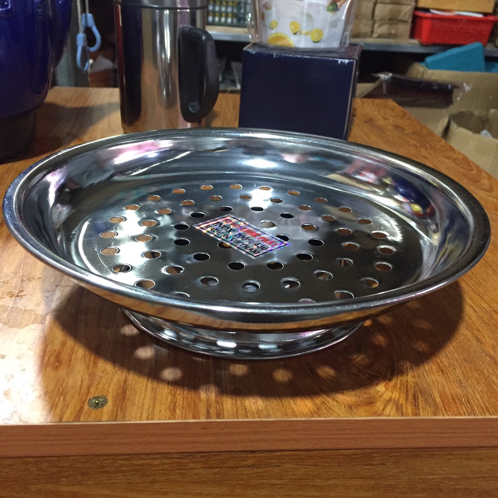 Đĩa hấp chân trụ inox size 24cm dùng để chưng, cách thủy, hấp các món ăn như hấp bánh,.......