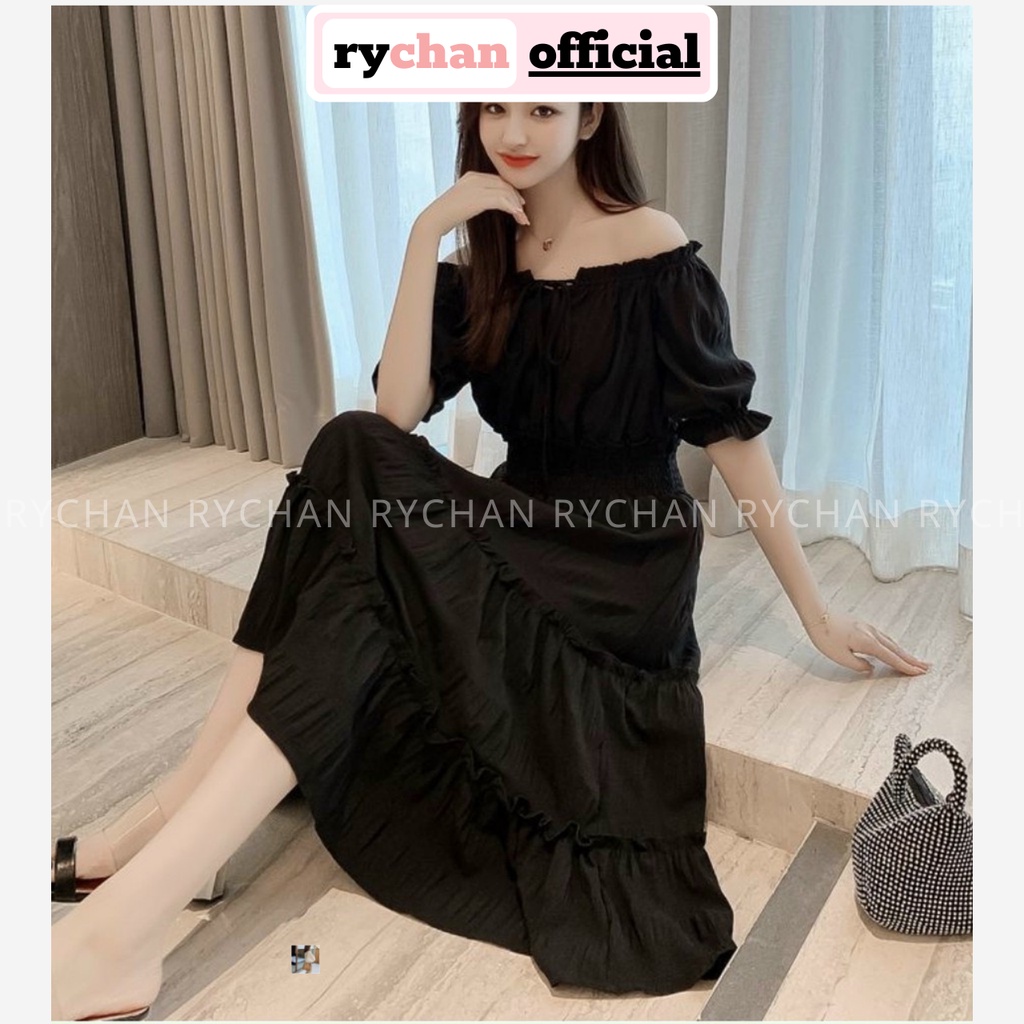 Đầm Xòe Midi Đen Trễ Vai Thắt Nơ Ngực - DX0052