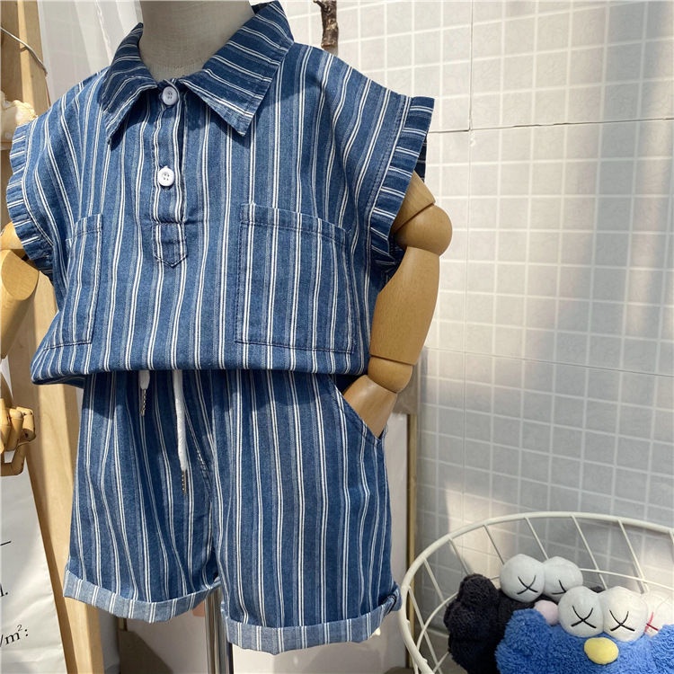 [Babycat] Hàng Có Sẵn Bộ Trang Phục Hai Mảnh Áo Denim Không Tay Kẻ Sọc Dọc Phong Cách Nhật Bản Hàn Quốc Thời Trang Mùa Hè Cho Bé Trai Bé Gái