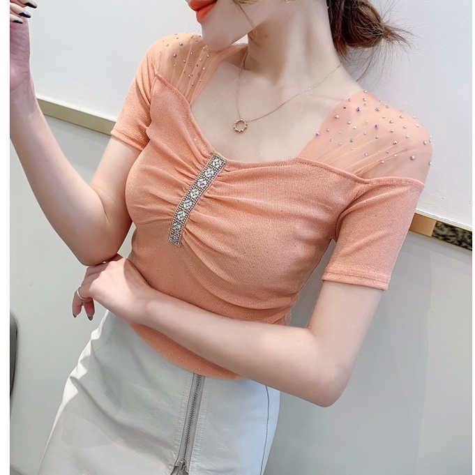 Áo lưới nữ áo kiểu trễ vai Chất Liệu Lụa Phối Lưới Đính Đá Thời Trang Mùa Hè Cho Nữ