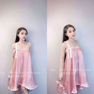 Đầm xoeg hai dây xếp ly thắt nơ