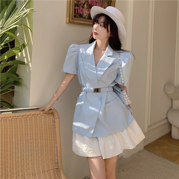(Hàng Đẹp)Ảnh thật 3 hình cuối-2W519.Set áo cổ vest kèm chân váy sang chảnh mùa hè phong cách Hàn Quốc
