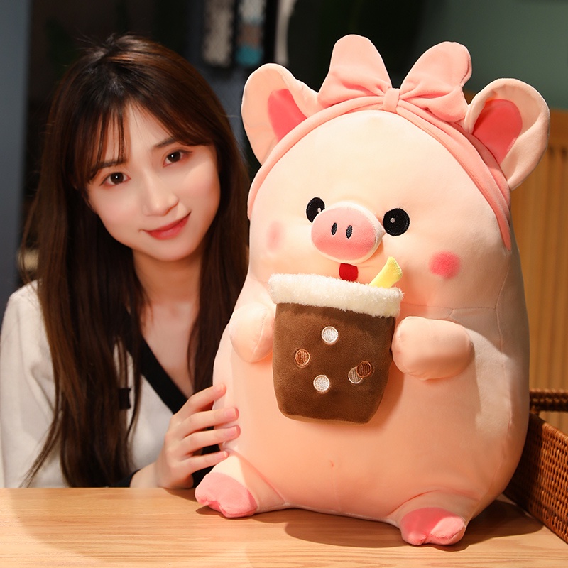 Phim hoạt hình Lợn hồng Đồ chơi sang trọng Nhồi bông Động vật mềm Lợn cầm cốc bong bóng Búp bê