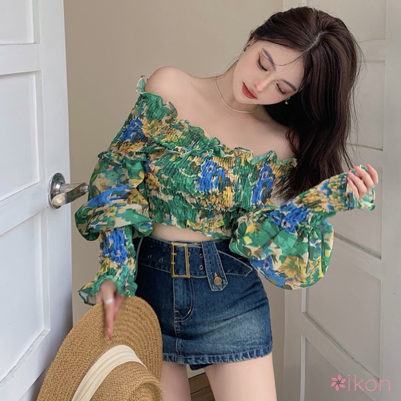 Áo Trễ Vai Tay Dài In Hoa Quyến Rũ Cho Nữ