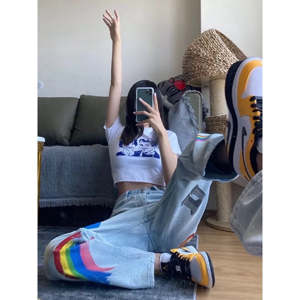 QUẦN BAGGY JEANS ỐNG RỘNG NAM T-A-N DÁNGSUÔNG PHONG CÁCH HÀN QUỐC-QJI07-THỜI TRANG UNISEX-có size NamNữ hình in,màu xanh