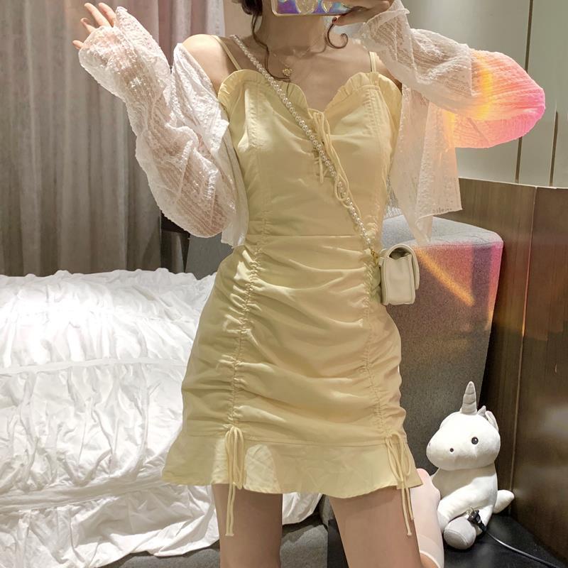 Set Áo Khoác Cardigan Tay Dài Phối Ren + Đầm Dây Rút Form Ôm Phong Cách Hàn Quốc Cho Nữ