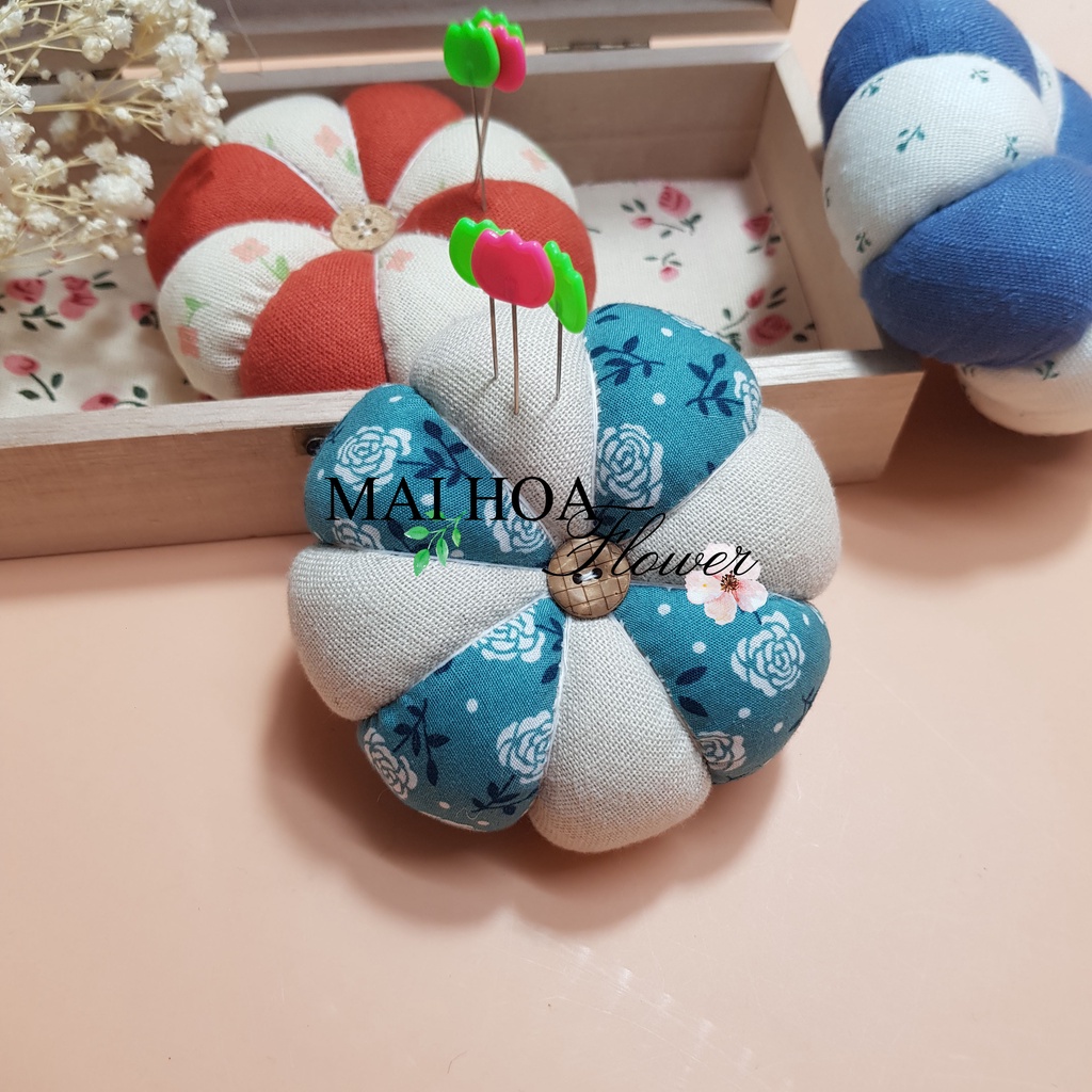 Gối cắm kim, gối cắm ghim vải để bàn hình quả bí ngô size to, maihoaflower