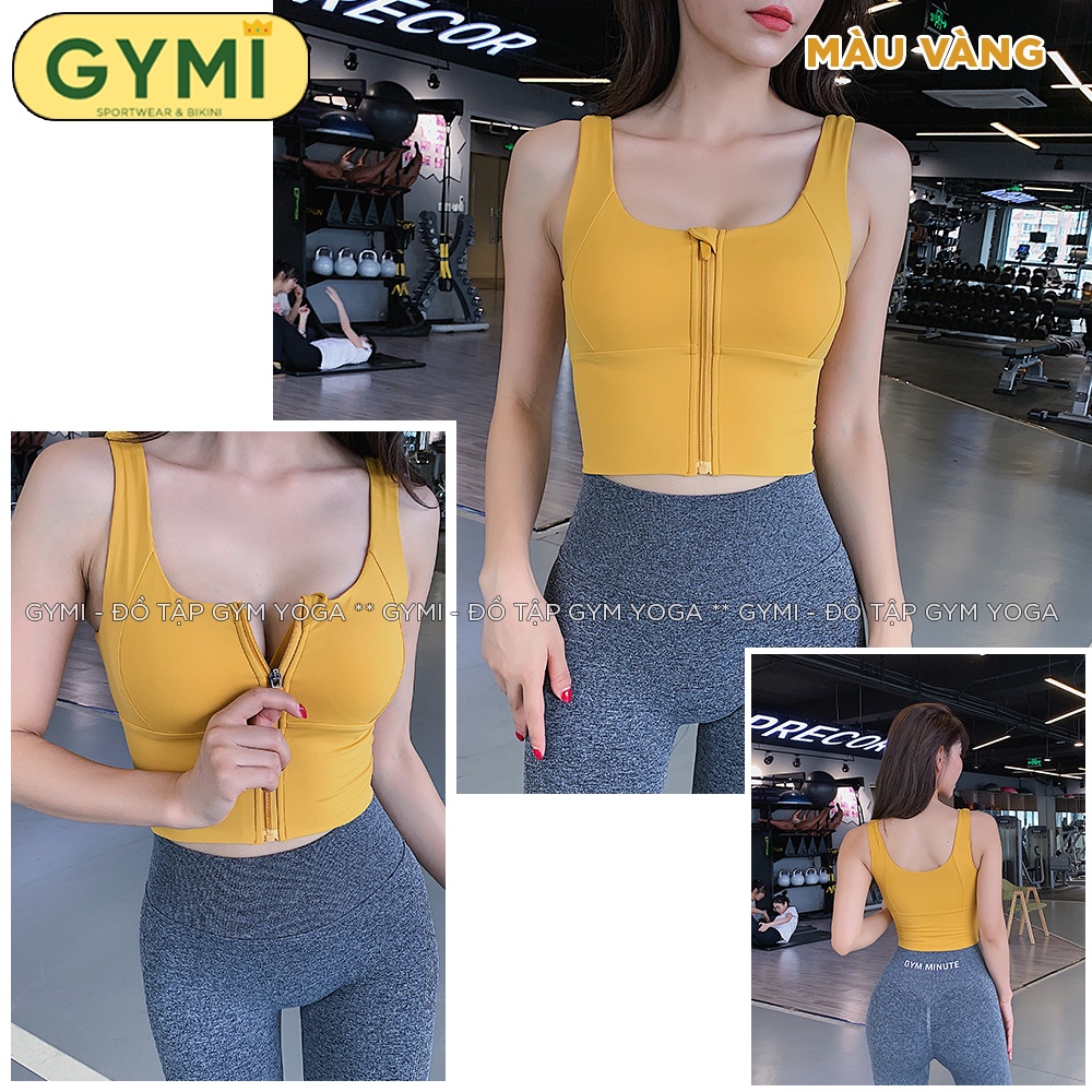 Áo bra tập gym yoga nữ GYMI AL22 dáng croptop chất thun poly cao cấp khoá kéo trước ngực có sẵn mút đệm