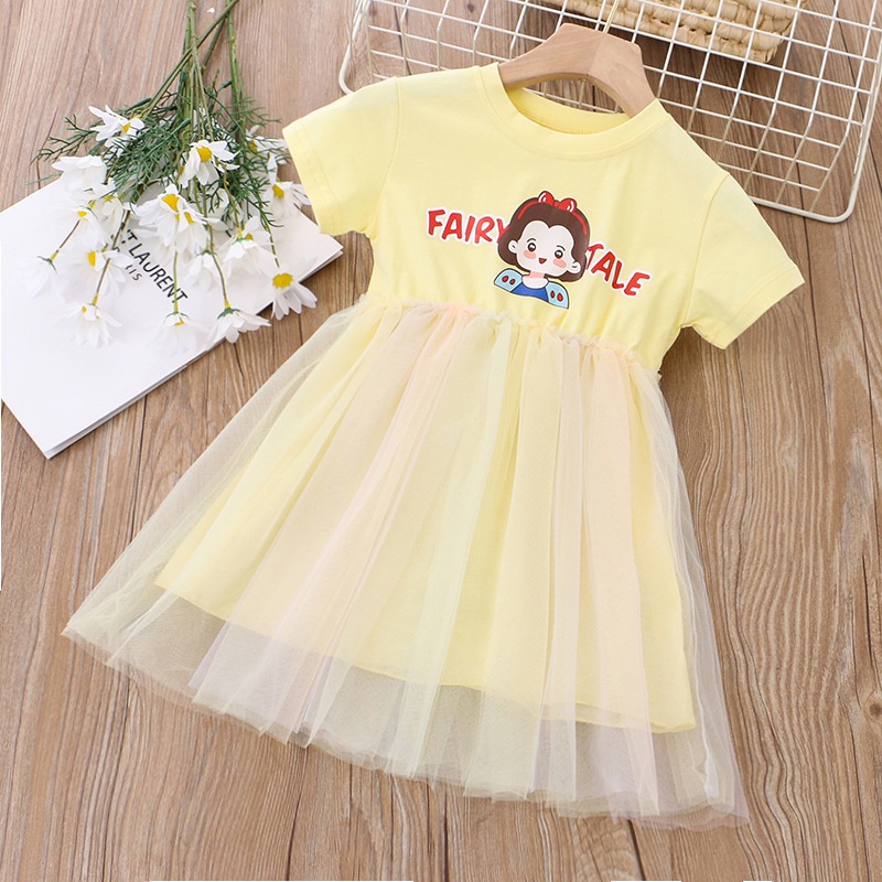 Đầm Cotton Ngắn Tay Cổ Tròn Phối Lưới Màu Cầu Vồng Thời Trang Mùa Hè Cho Trẻ Em