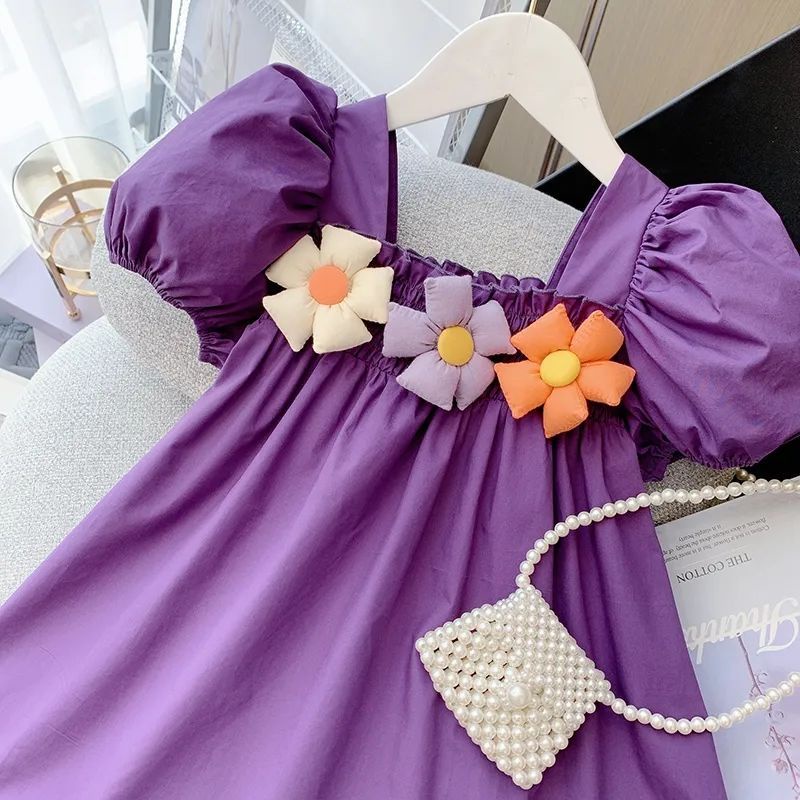Mới Đầm Tay Phồng Cổ Vuông Thời Trang Xinh Xắn Cho Bé Gái