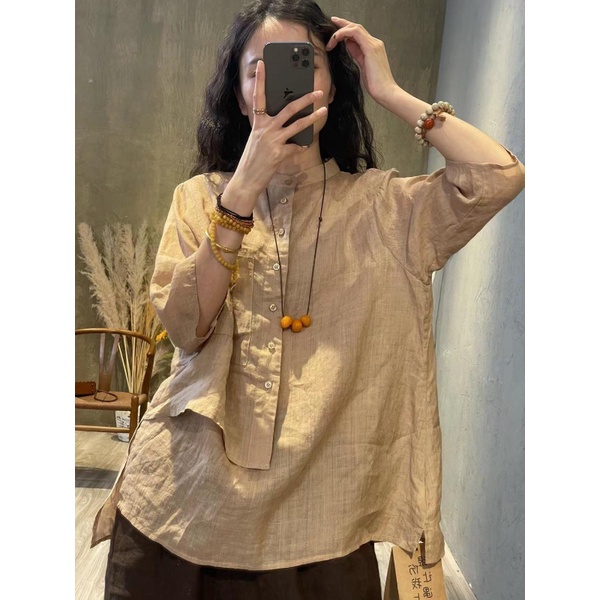 Áo Sơ Mi Cotton Lanh Mỏng Ba Lỗ Dáng Rộng Che Bụng Phong Cách Retro Thiết Kế Mới Mùa Hè 2022 Cho Nữ