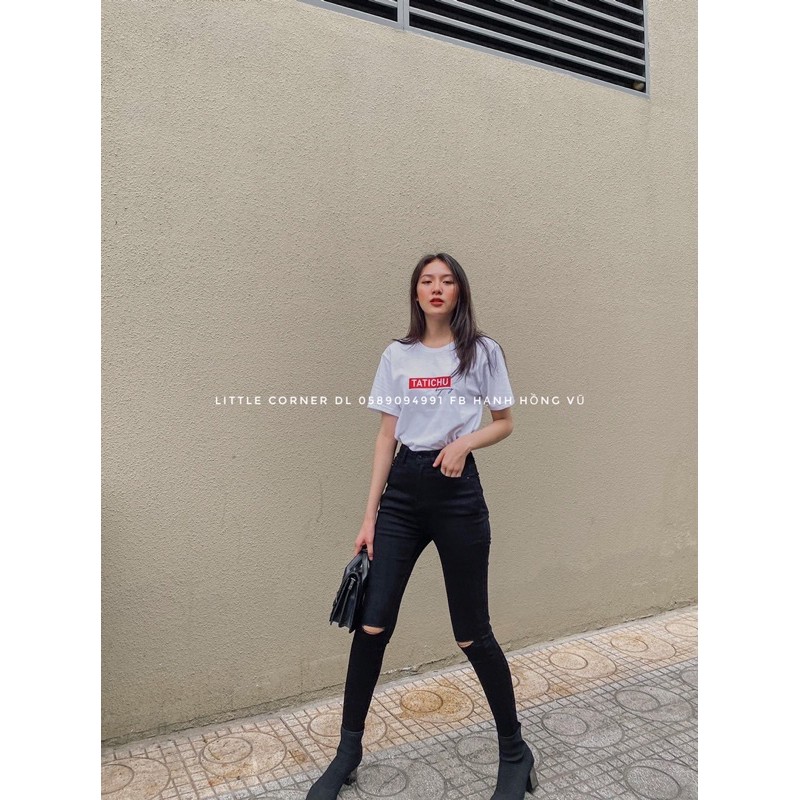 Quần jean đen rách gối Topshop ASOS lưng siêu cao kèm ảnh thật hàng sẵn
