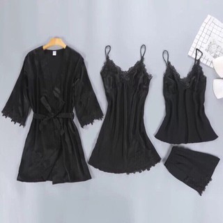 [Sale Sốc] Set đồ ngủ 4 món chất lụa ( Gồm áo hai dây + quần lửng + váy dài + áo choàng)  -Hàng Cao Cấp