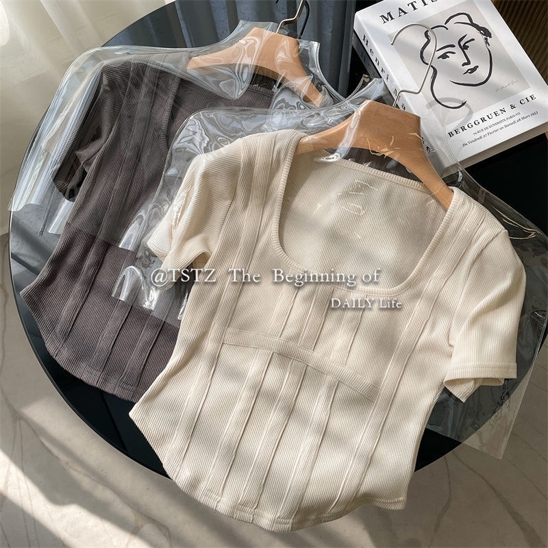 Áo Thun Tay Ngắn Cổ Vuông Thời Trang Xuân Hè Phong Cách Hàn Quốc Dành Cho Nữ