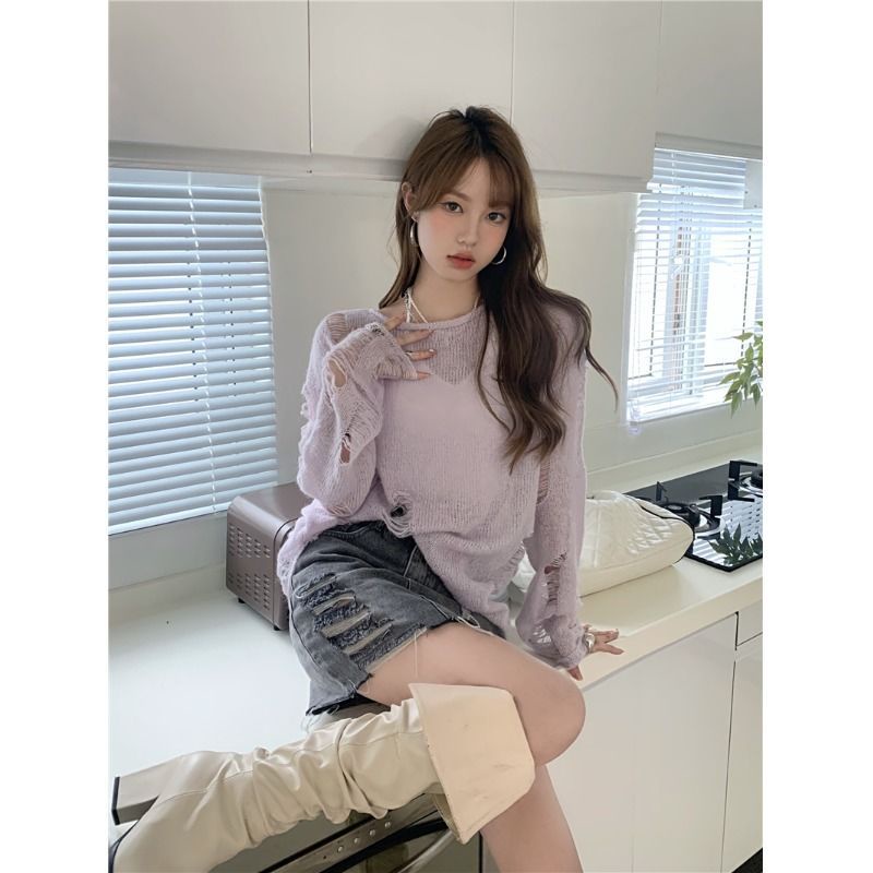 Áo Dệt Kim Mỏng Dáng Rộng Thiết Kế Rách Phong Cách Retro Mùa Hè Độc Đáo Cho Nữ