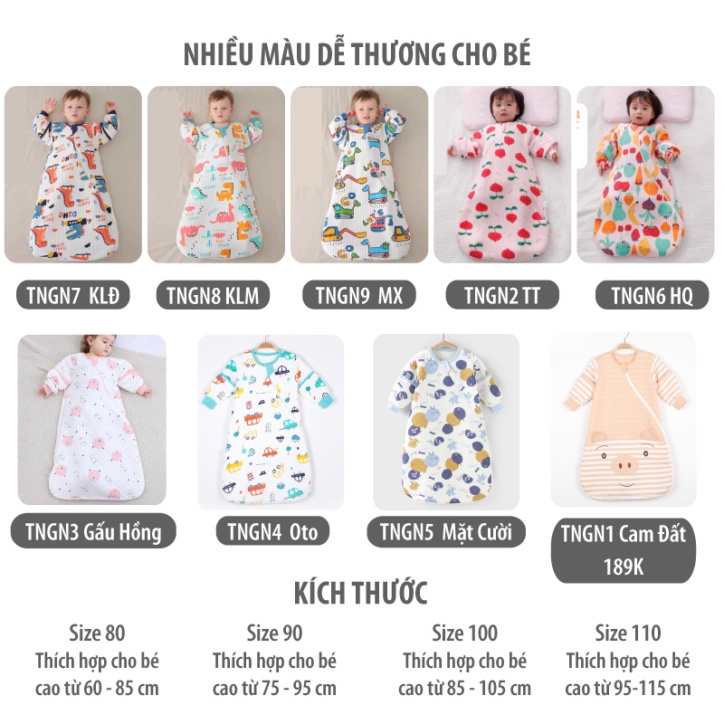 [15-25độ] Túi Ngủ Mùa Đông Cho Bé Cotton Trần Bông | Túi Ngủ Trẻ Em Mùa Đông Cao Cấp