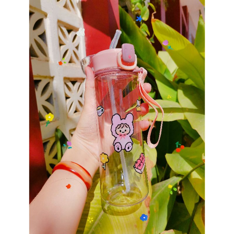 Bình đựng nước cute có ống hút, bình nước nhựa dễ thương có ống hút 500ml mang đi học, đi làm tiện dụng dễ thương