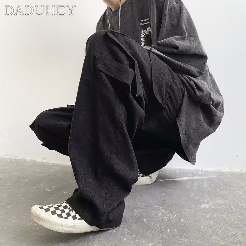 DaDuHey Men's High Street Loose Multi-Pocket Cargo Pants Pants Vibe Style Retro Distressed High Waist Straight Casual Pants