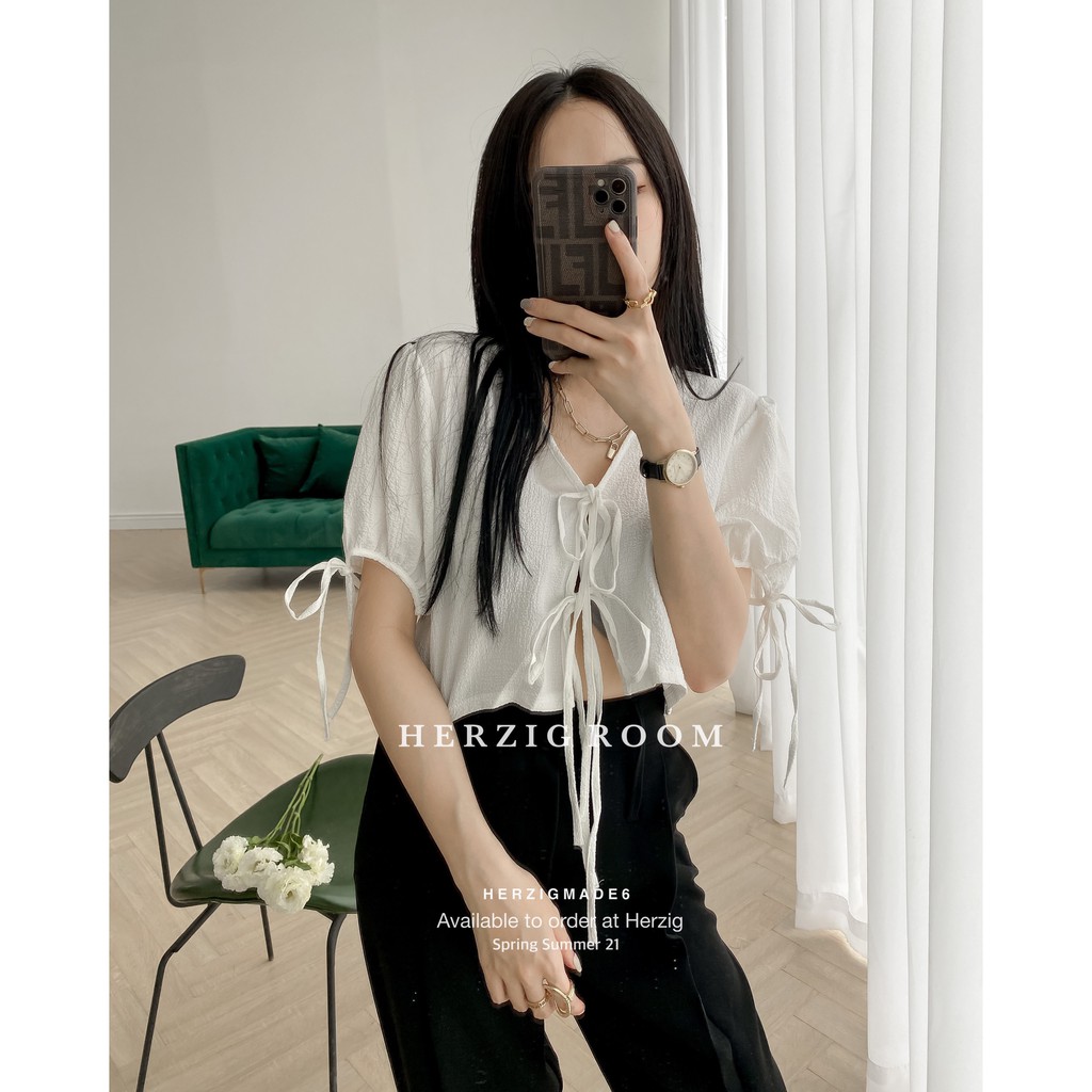 Áo croptop buộc nơ HERZIGMADE mặc 2 mặt chất thun sần Wana top - A2757