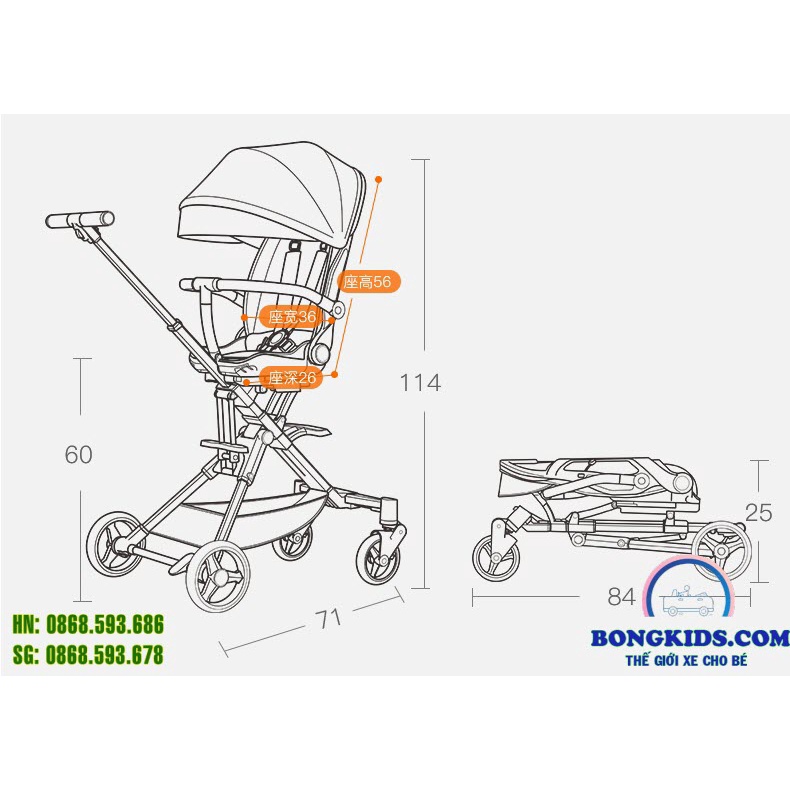 Xe đẩy gập gọn cao cấp Playkids X6-3, đẩy 2 chiều 3 tư thế ngồi, ngả, nằm cho bé từ sơ sinh - 6 tuổi, dáng xe cao