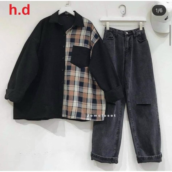Áo sơ mi phối kẻ caro đen , trắng cách điệu - Shirts dài tay form suông phối màu cá tính nữ hot