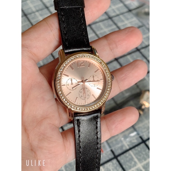 Đồng hồ si nữ máy Nhật viền đính đá, dây da