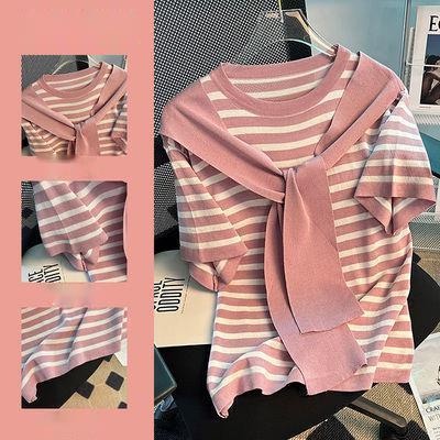 Áo Thun Dệt Kim Tay Ngắn Họa Tiết Kẻ Sọc Thời Trang Mùa Hè Xinh Xắn Cho Nữ