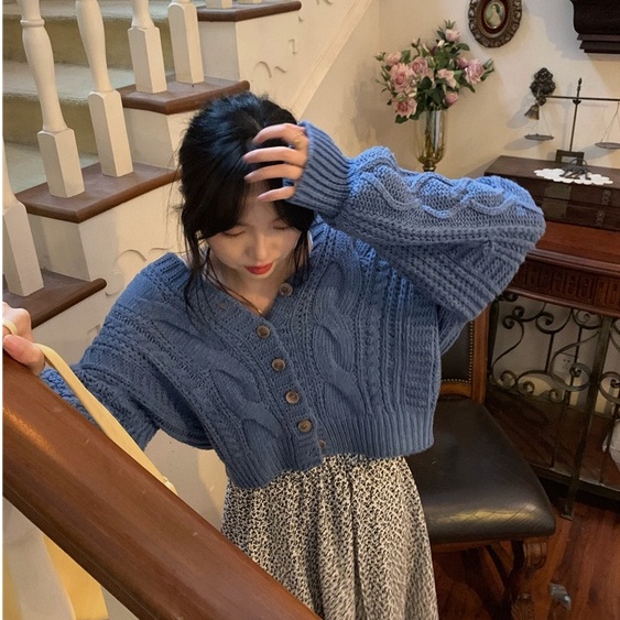 Áo cardigan dáng rộng dệt kim cổ V dài tay thời trang retro cho nữ