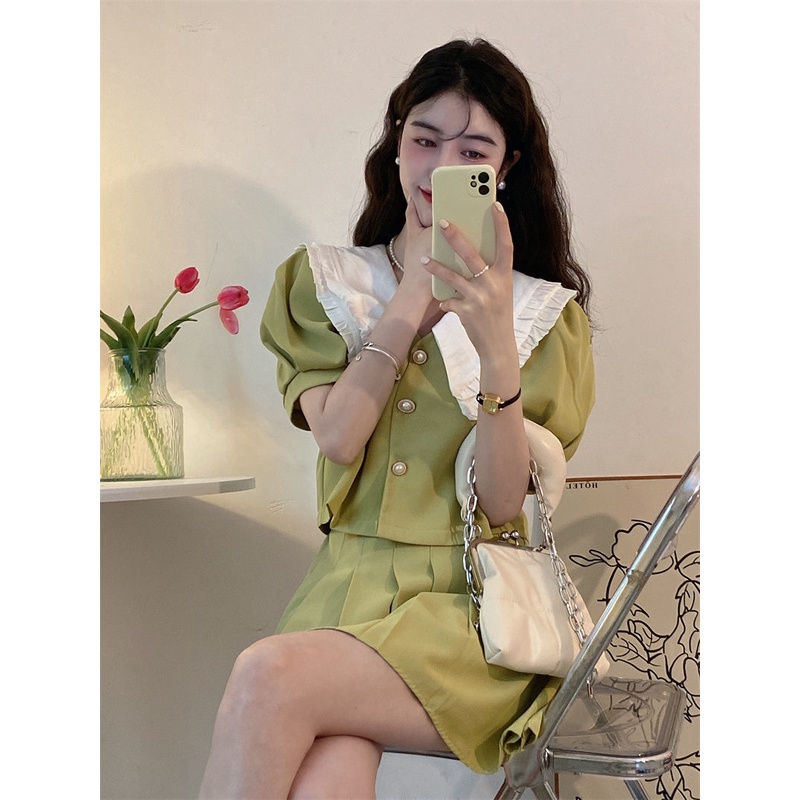 Set Áo Tay Phồng Cổ Búp Bê + Chân Váy Xếp Ly Lưng Cao Thời Trang Nữ