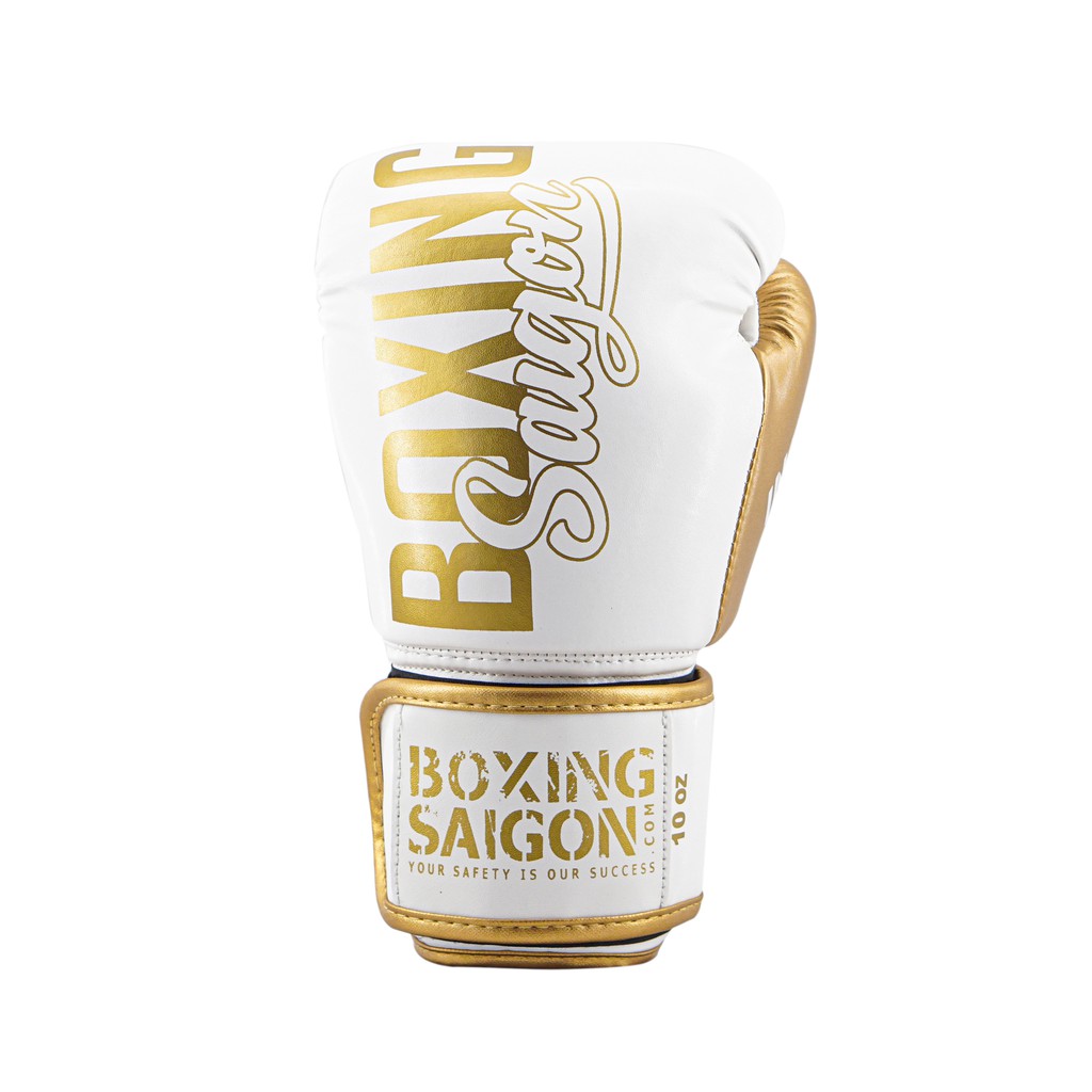 Combo Găng Tay Boxing Saigon + Băng Tay 4m5 (tặng túi rút &amp; xịt) - Trắng