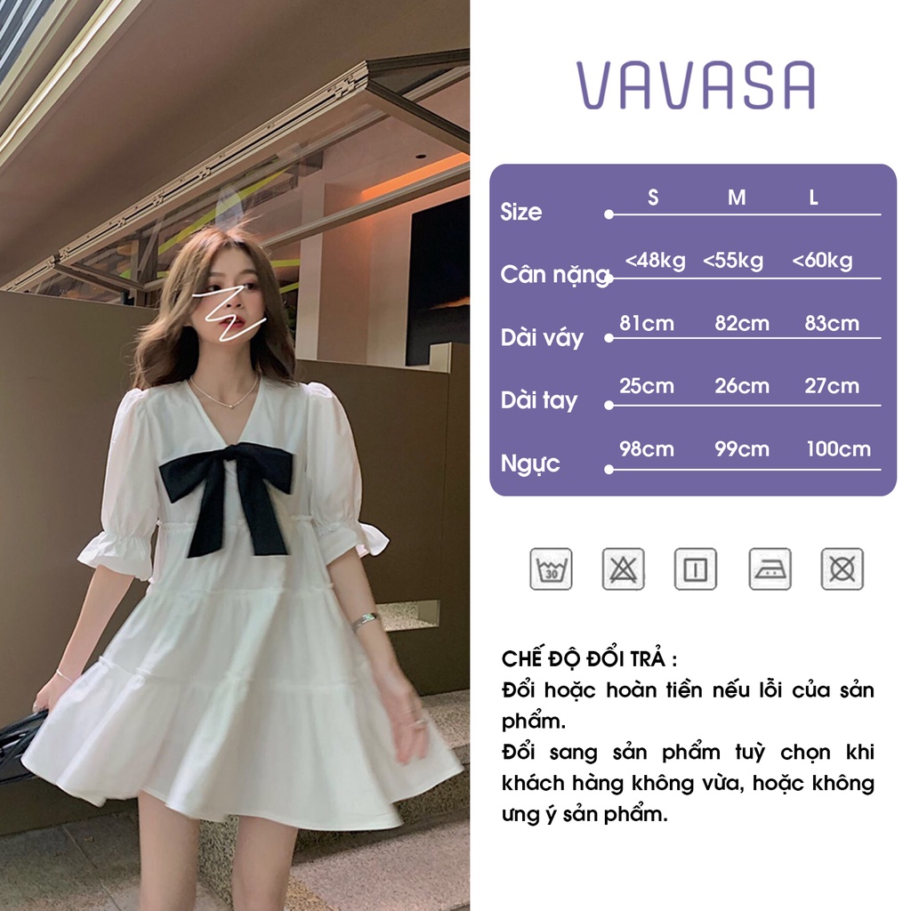 Đầm babydoll nữ ❤️váy tiểu thư trắng xoè cổ v đính nơ❤️ chất thô mềm xếp tầng phông cách hàn quốc VAVASA V26