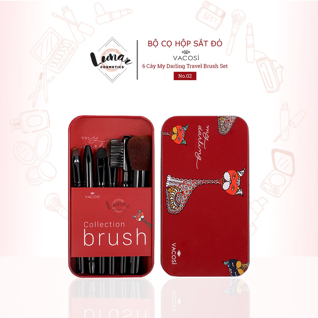 [Đại Lý Vacosi] Bộ Cọ Hộp Sắt Đỏ - Đen Vacosi 6 Cây My Darling Travel Brush Set