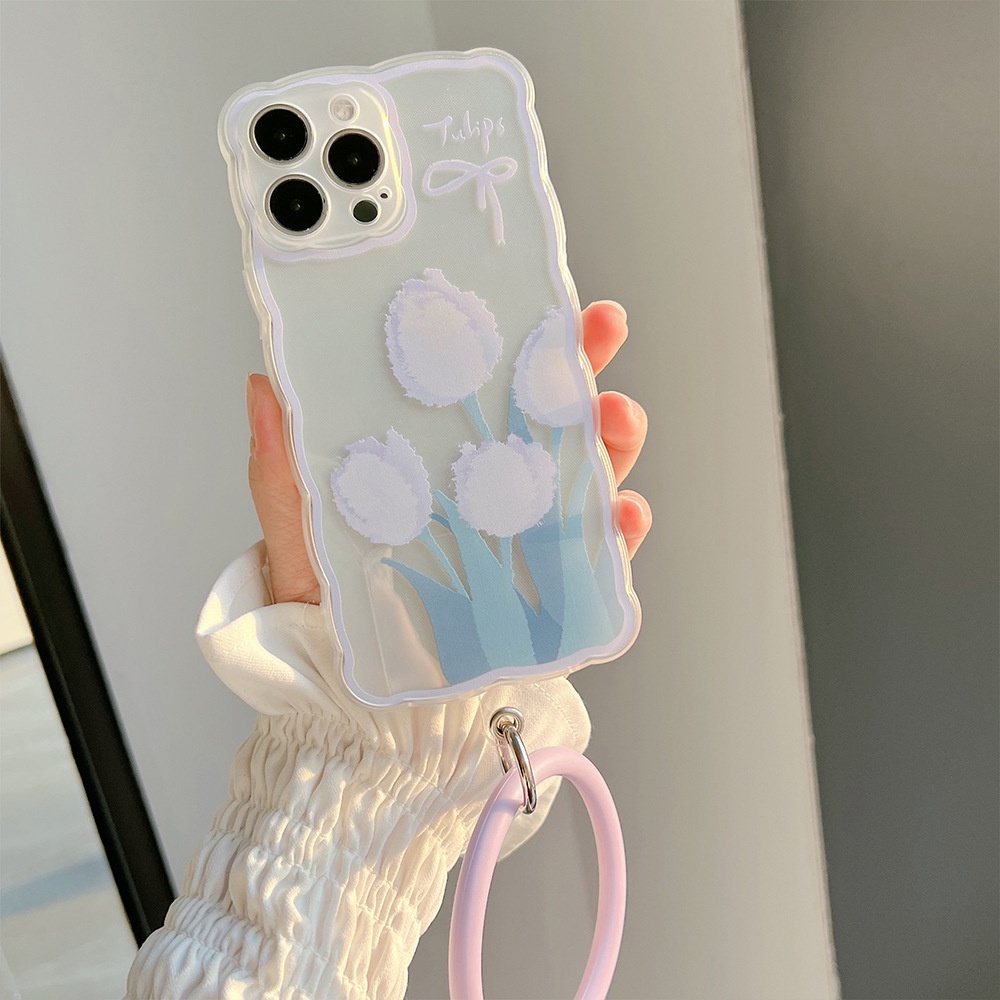 Ốp Điện Thoại Trong Suốt Họa Tiết Hoa Viền Gợn Sóng Kèm Giá Đỡ Nhẫn Cho Iphone 11 8 7 Plus SE2 XS XR 12 13 Mini PRO MAX