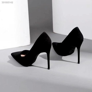 Giày cao gót miệng nông mũi nhọn bằng da lộn màu đen thời trang công sở 2021 mới cho nữ