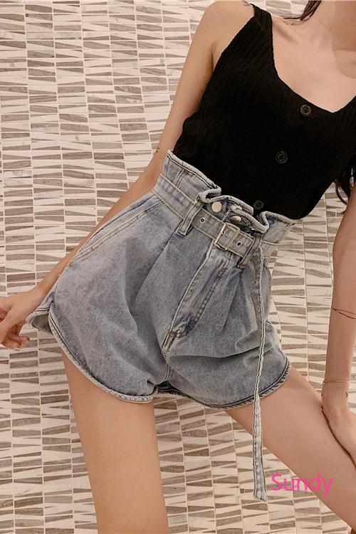 Quần Đùi Denim Lưng Cao Phối Ren Thời Trang Mùa Hè Cho Nữ