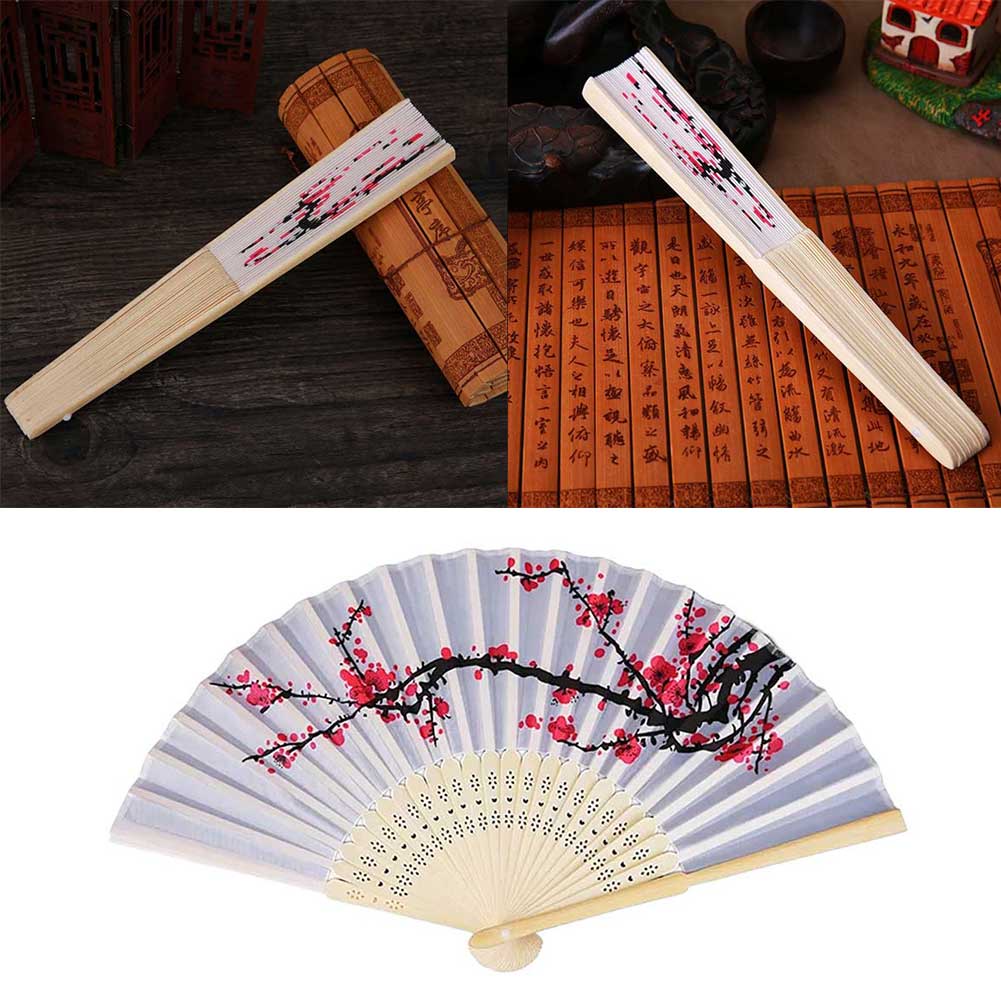 Quạt xếp cầm tay bằng tre và lụa hình hoa anh đào phong cách Trung Hoa cổ điển dành cho bữa tiệc